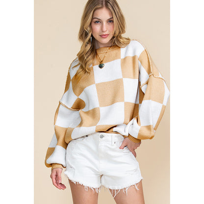 Autumn 2025 Women’s Plaid Long Sleeve Sweater – Casual Warm Pullover Knit Top