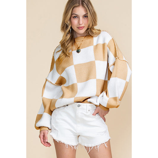 Autumn 2025 Women’s Plaid Long Sleeve Sweater – Casual Warm Pullover Knit Top