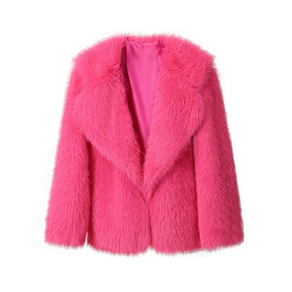 Women’s Faux Fur Coat – Autumn Winter Wide Collar Mid-Length Jacket, Loose Fit Outerwear
