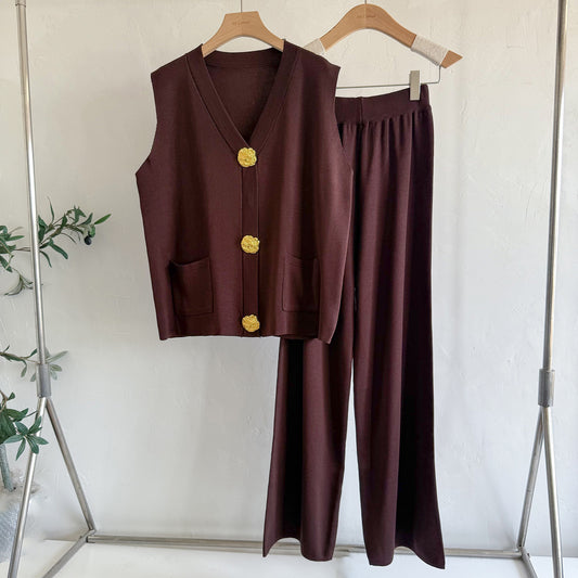 Women’s Gold Button V-Neck Knit Two-Piece Set | Loose Knit Sweater & Pants