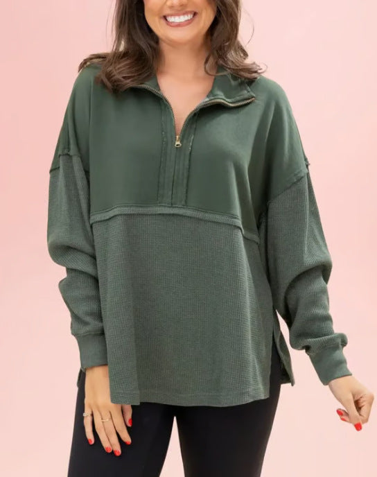 2025 Fall Winter Solid Zip-Up Collared Sweatshirt for Women | Loose Fit Minimalist Long Sleeve Pullover