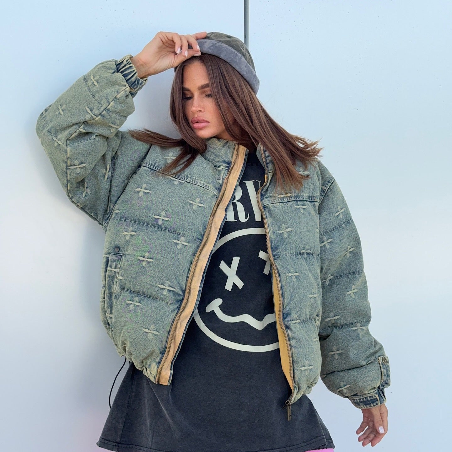 Autumn Winter 2025 Women’s Distressed Cross Embroidered Denim Cotton Jacket – Vintage Fashion Warm Coat