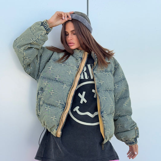Autumn Winter 2025 Women’s Distressed Cross Embroidered Denim Cotton Jacket – Vintage Fashion Warm Coat