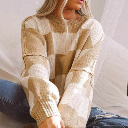 Women’s Plaid Knit Sweater | Loose Fit Crewneck Pullover · Casual Autumn Long Sleeve Top