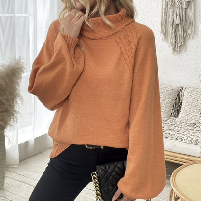 2025 Women’s Autumn Winter Floral Knit Sweater – Straight Cut, Mock Neck, Puff Sleeve European Style