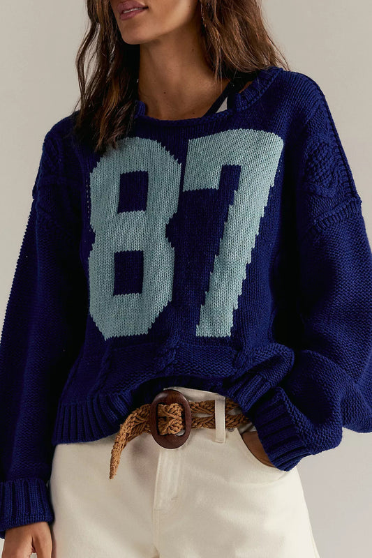 Fall Winter 2025 Color Block Number Print Knit Sweater | Loose Fit Long Sleeve Pullover for Women