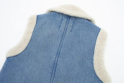 Women’s Sherpa Vest – Autumn Winter Cotton Faux Leather Moto Lambswool Open-Front Gilet