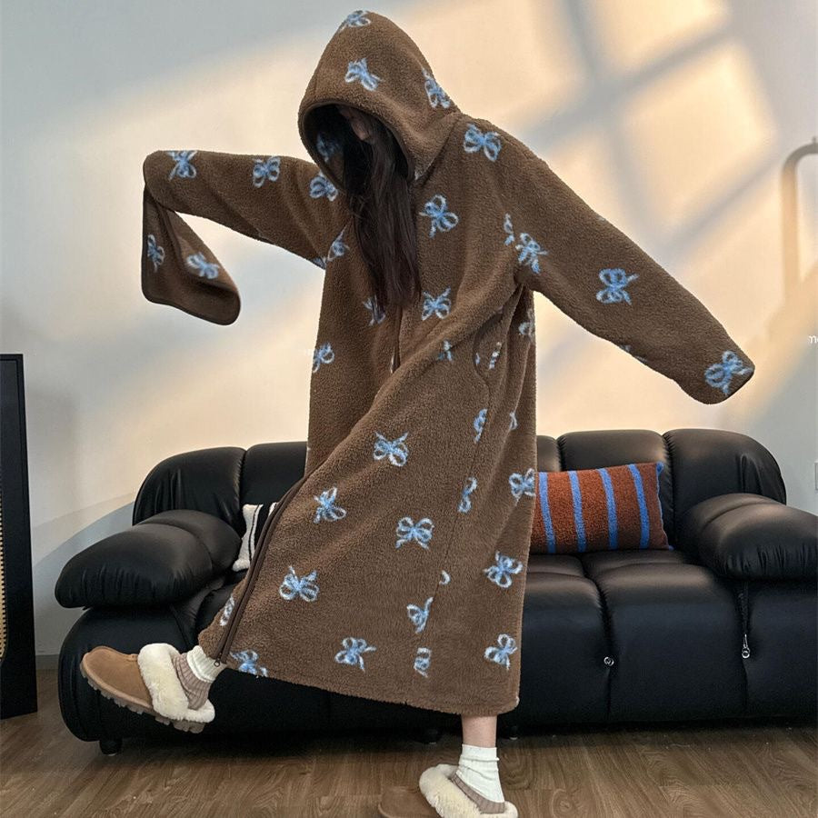 Striped Coral Fleece Hoodie Robe for Women | Thick & Warm Cozy Pajamas