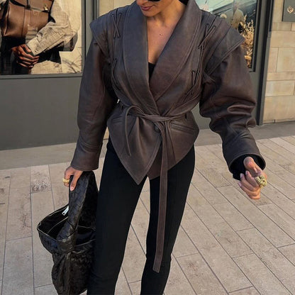 Women’s Retro Faux Leather Jacket – Autumn Street Style Tie-Waist Turn-Down Collar Outerwear