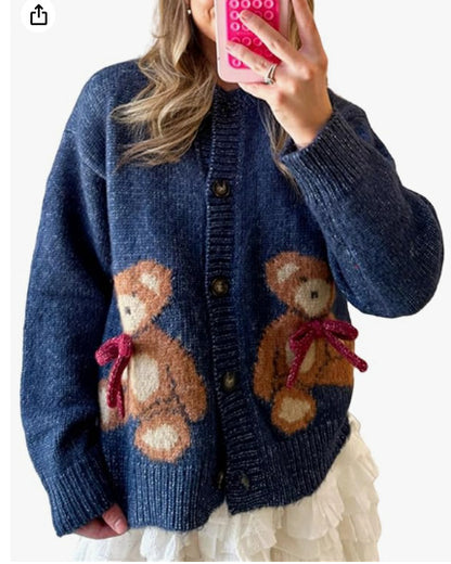 2025 Y2K Bear Knit Cardigan | Women’s Cute Sweater Jacket Aesthetic Fashion Outfit