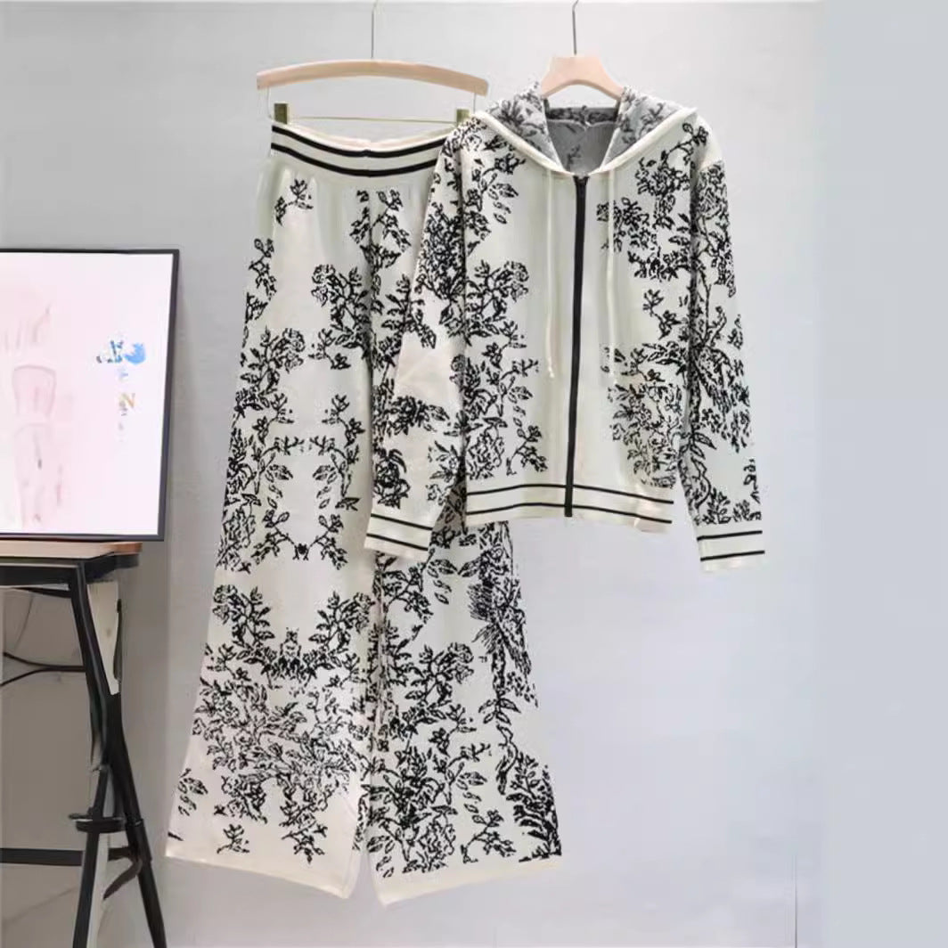 Women’s Fashion Knit Set | Spring Fall Hoodie & Wide-Leg Pants Two-Piece Outfit