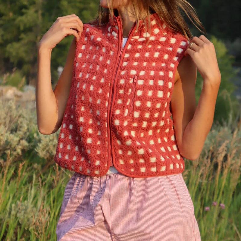 Plaid Fleece Vest for Women | New Sleeveless Stand Collar Vest