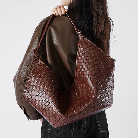 2025 New Women’s Large Capacity Tote Bag – Fashion Cowhide Woven Texture Shoulder Handbag for Work & School