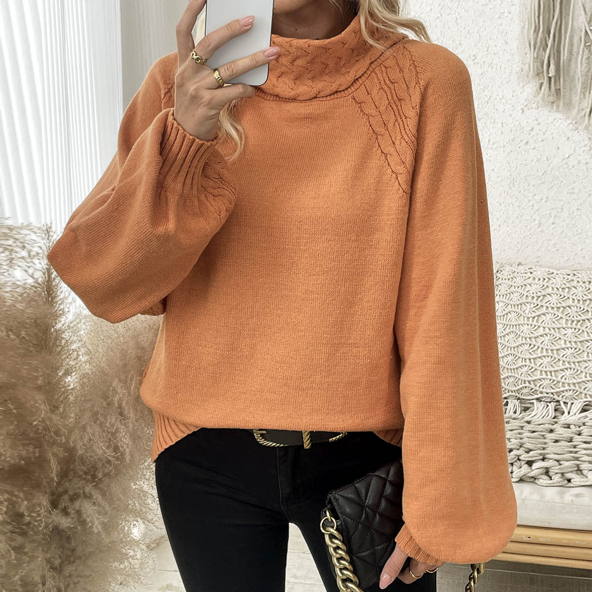 2025 Women’s Autumn Winter Floral Knit Sweater – Straight Cut, Mock Neck, Puff Sleeve European Style