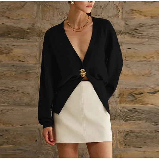 V-Neck Buttoned Knit Cardigan for Women | Stylish & Versatile Long Sleeve Sweater