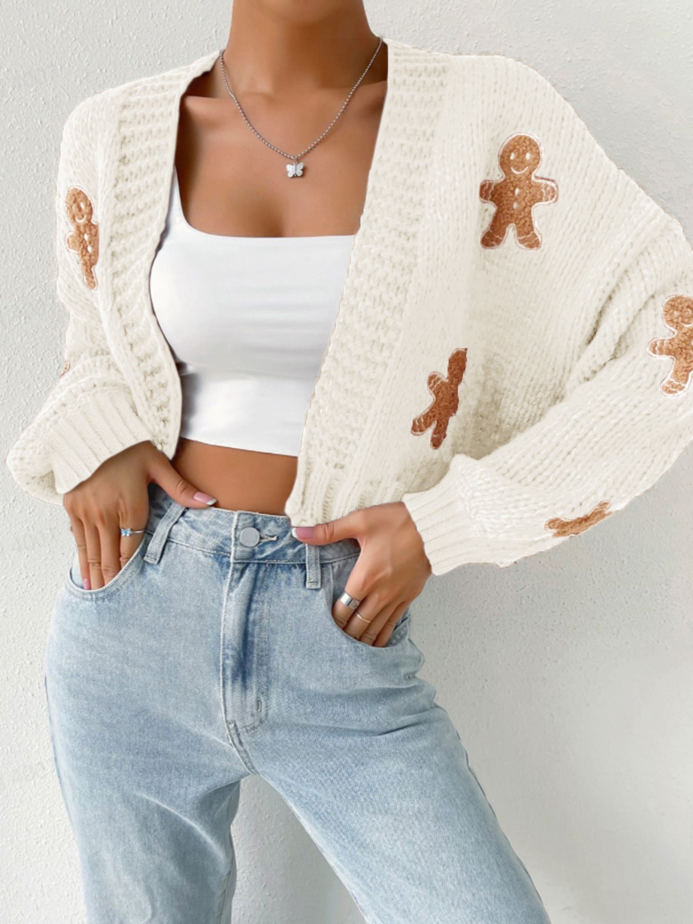✨ Cute Gingerbread Pattern Knit Cardigan for Women – Short Sweater Jacket Spring Autumn