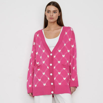 Heart Jacquard Cardigan for Women | Fall Knit Open Front Sweater