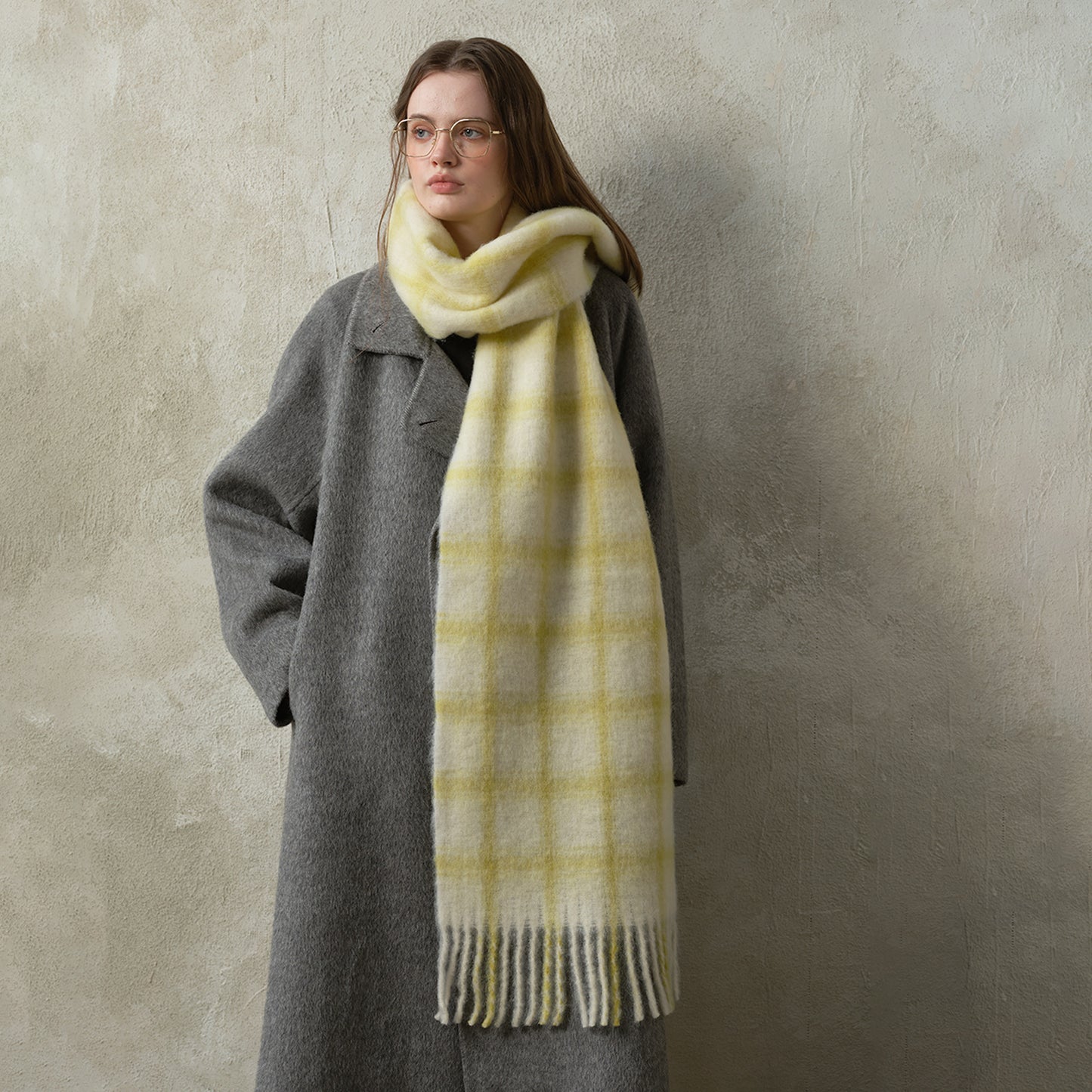 Designer Wool Plaid Scarf for Women – Oversized Soft Winter Shawl, Cozy Minimalist Pink Check Wrap