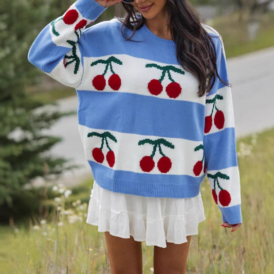Cherry Jacquard Knit Sweater | Loose-Fit Crew Neck Long Sleeve High Street Style