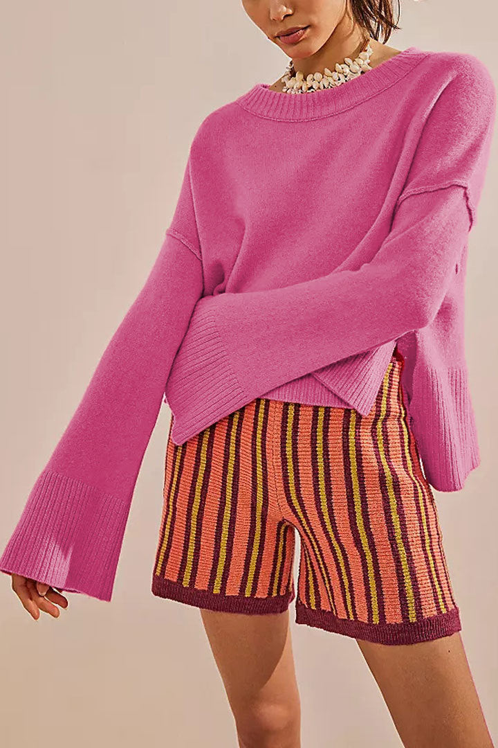 2025 Fall Winter Solid Color Knit Sweater | Women’s Fashion Crew Neck Pullover with Flared Sleeves