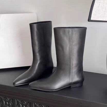 Black Leather & Brown Suede Pointed Toe Mid-Calf Boots | Low Heel Flat Retro Fashion Wide Calf Combat Short Boots for Women