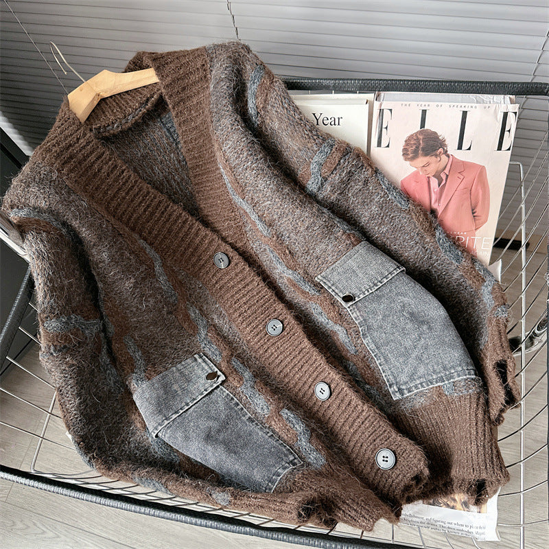 Autumn Winter 2025 Women’s Patch Pocket Denim Knit Cardigan – Loose Lazy Knit Sweater