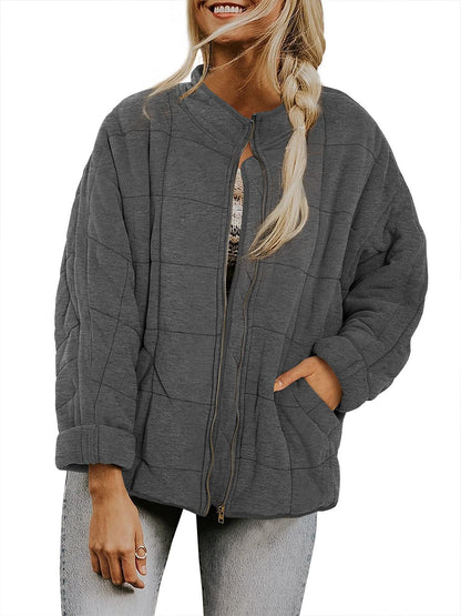 ✨ Solid Color Stand Collar Cotton Jacket for Women – Loose Fit Long Sleeve Pocket Coat