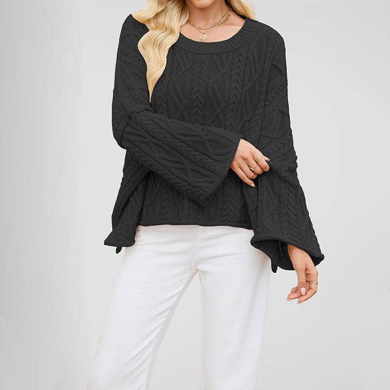 2025 Women’s Autumn Winter Knit Sweater – Round Neck Short Loose Cable Knit Pullover