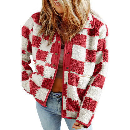Women’s Plaid Jacket – Autumn Winter Button-Up Sherpa Fleece Coat, Warm Lambswool Outerwear