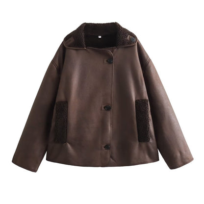 Women’s Reversible Faux Leather & Fur Jacket – Spring Autumn Casual Turn-Down Collar Outerwear