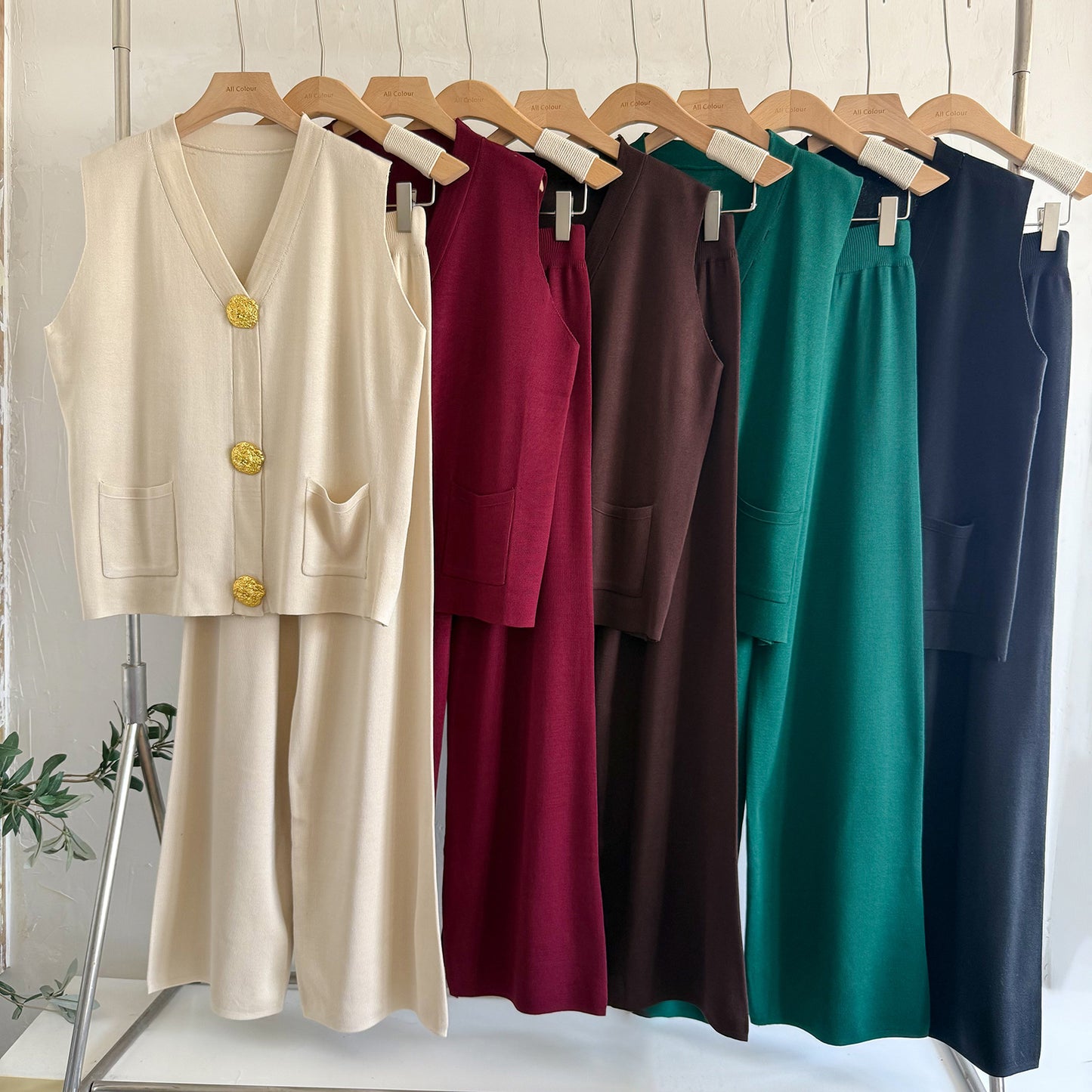 Women’s Gold Button V-Neck Knit Two-Piece Set | Loose Knit Sweater & Pants