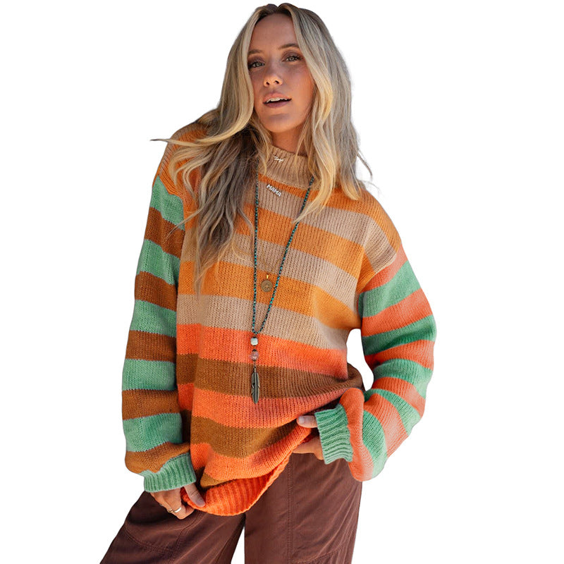 2025 Fall/Winter New Women’s Crewneck Long Sleeve Sweater – Casual Long Colorblock Pullover