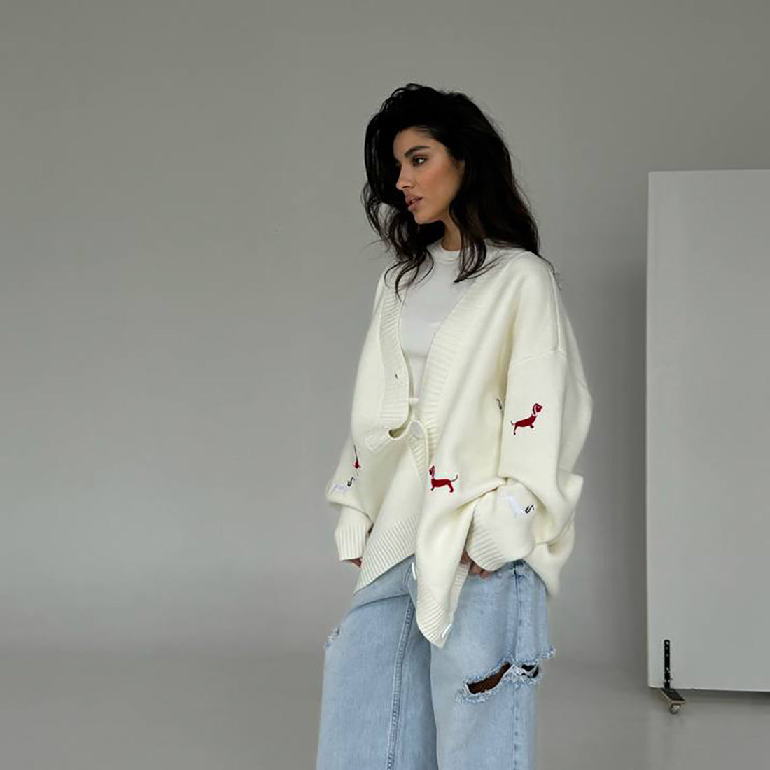 Women’s Early Autumn Embroidered Dachshund Sweater – Loose V-Neck Cardigan, Long Sleeve Casual Outerwear