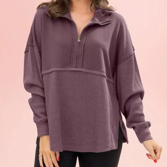 2025 Fall Winter Solid Zip-Up Collared Sweatshirt for Women | Loose Fit Minimalist Long Sleeve Pullover