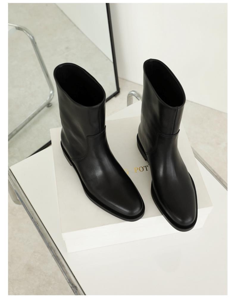 2025 Women’s Minimalist Cowhide Mid-Calf Boots – Pointed Toe Slip-On Flat Martin Boots, Autumn Winter