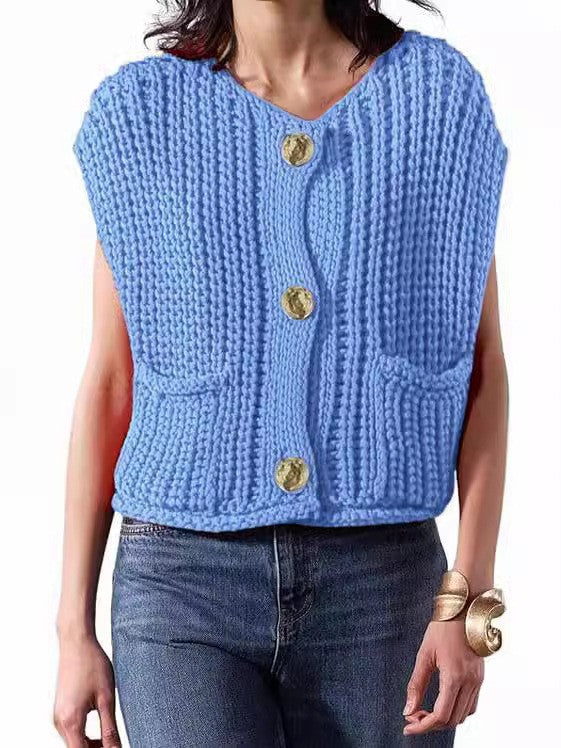 Women’s Chunky Knit Sleeveless Vest | V-Neck Fashionable Short Sweater Top