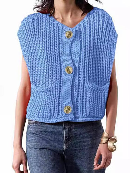 Women’s Chunky Knit Sleeveless Vest | V-Neck Fashionable Short Sweater Top