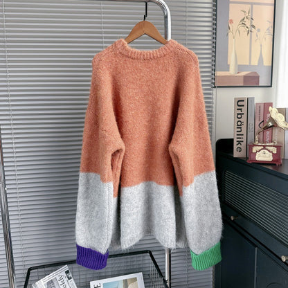 2025 Women’s Lazy Style Color-Block Jacquard Knit Sweater – Trendy Crewneck Pullover
