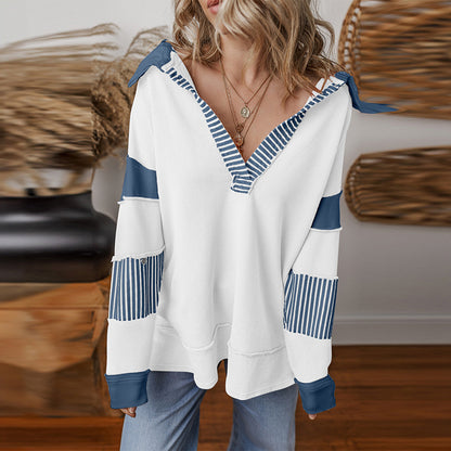 Casual Loose V-Neck Sweatshirt for Women – 2025 Fall New Striped Patchwork Pullover Top