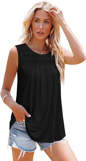 Women’s Pleated Sleeveless Tank Top – Summer Loose Fit Round Neck Blouse