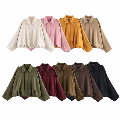 Women’s Suede-Look Bomber Jacket | Casual Turn-Down Collar Flight Jacket · Spring & Autumn