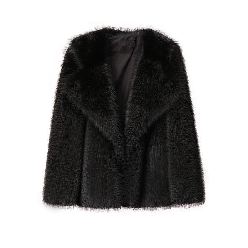 Women’s Faux Fur Coat – Autumn Winter Wide Collar Mid-Length Jacket, Loose Fit Outerwear