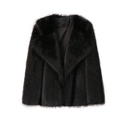 Women’s Faux Fur Coat – Autumn Winter Wide Collar Mid-Length Jacket, Loose Fit Outerwear