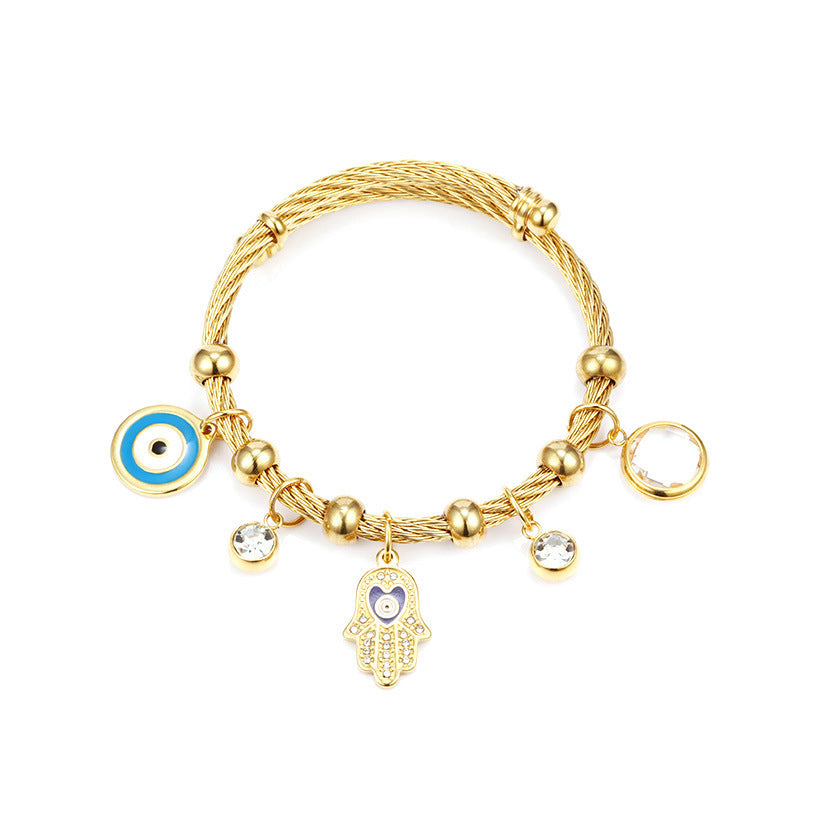 18K Gold Plated Stainless Steel Adjustable Hamsa Hand Bracelet | Women’s Titanium Steel Diamond Accent Jewelry