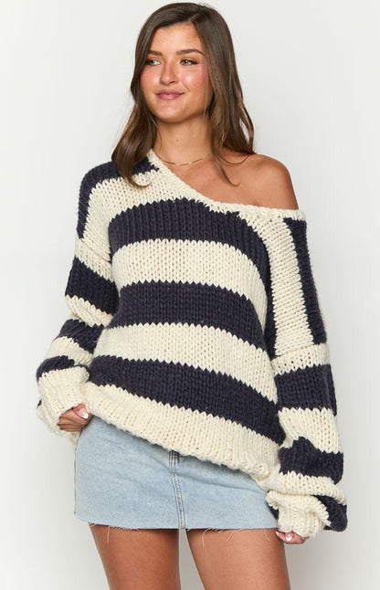 Fall Winter Women’s Oversized Knit Sweater | Off-Shoulder Sweet Dopamine Stripe Top