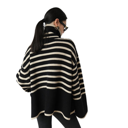 Striped High Neck Sweater for Women | 2025 Spring & Autumn Loose Knit Pullover with Unique Design