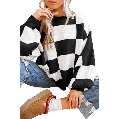 Autumn 2025 Women’s Plaid Long Sleeve Sweater – Casual Warm Pullover Knit Top