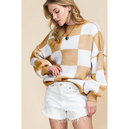 Autumn 2025 Women’s Plaid Long Sleeve Sweater – Casual Warm Pullover Knit Top