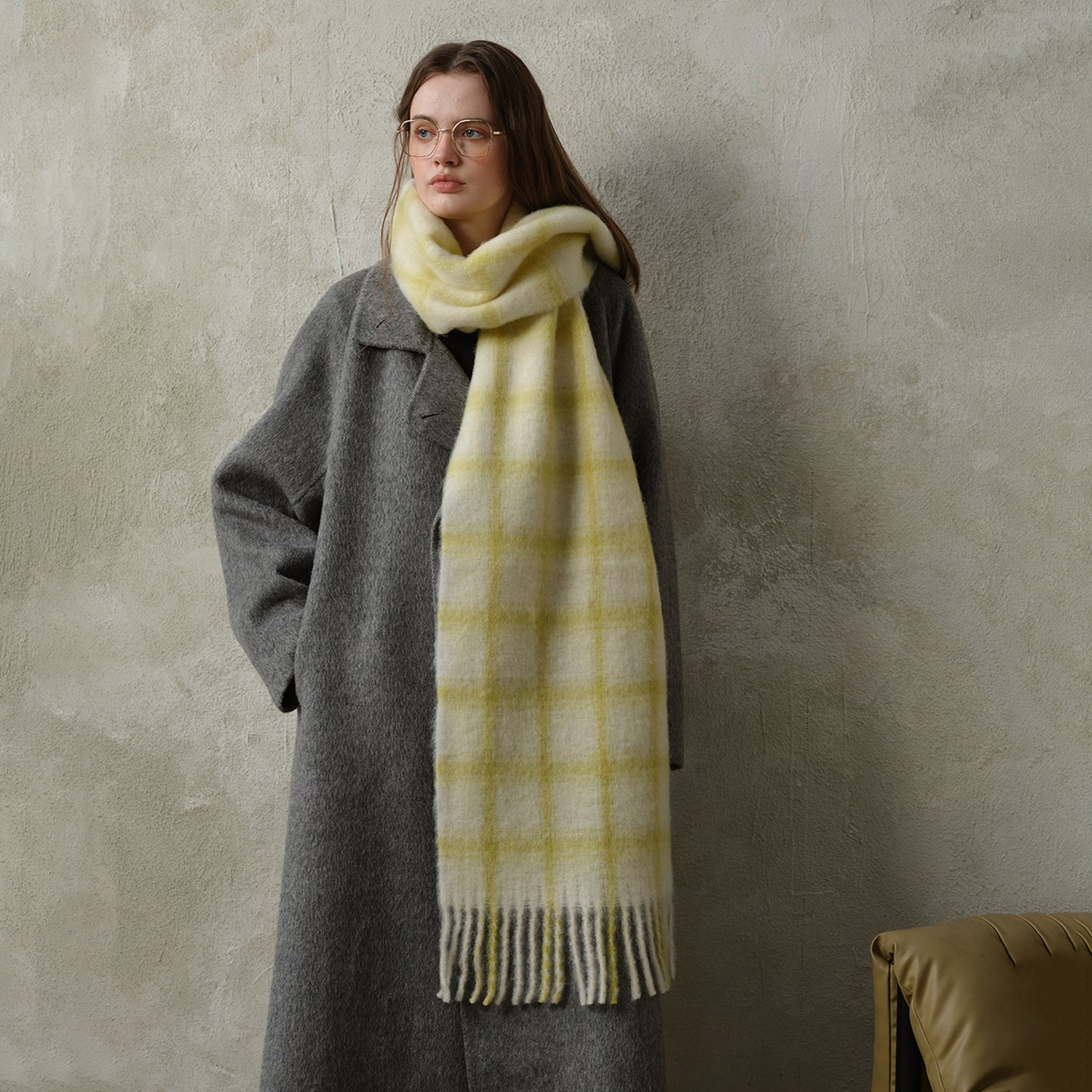 Designer Wool Plaid Scarf for Women – Oversized Soft Winter Shawl, Cozy Minimalist Pink Check Wrap