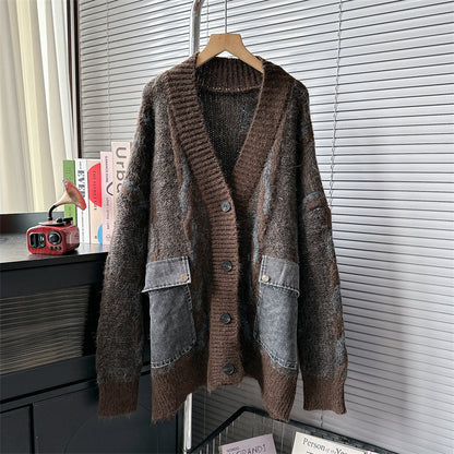 Autumn Winter 2025 Women’s Patch Pocket Denim Knit Cardigan – Loose Lazy Knit Sweater
